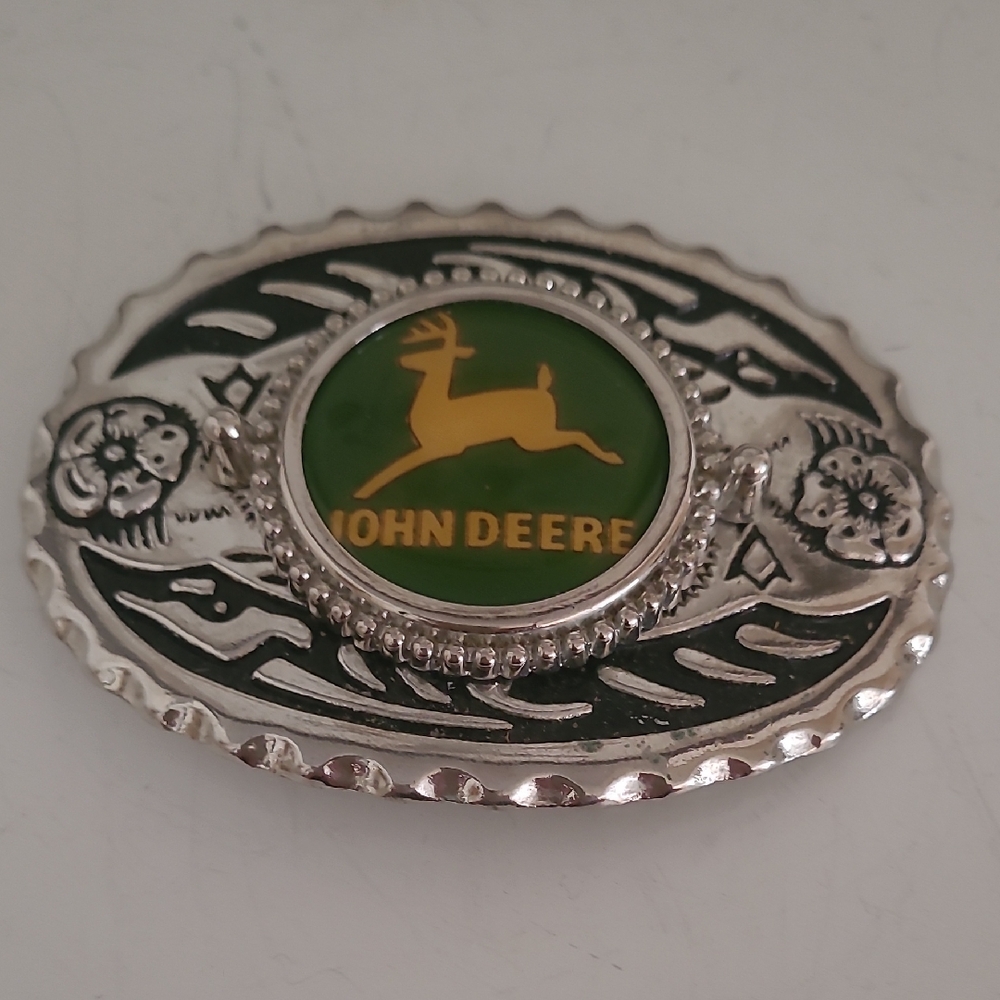 John Deere Silver-Tone Belt Buckle with Green Logo